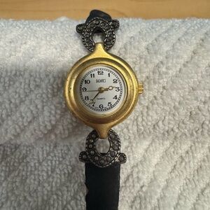 Badgley Accent Gold-Tone Round Watch with Black Strap